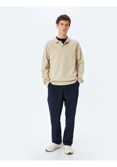 Koton Pamuklu İnterlok Kumaş Polo Yaka Sweatshirt Bej 5sam70003mk Ekru