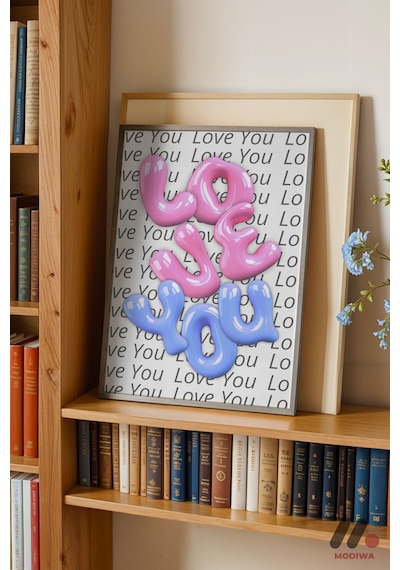 Love You Balon Tipografi, Siyah Çerçeveli Duvar Tablosu - Modern Ev Dekorasyonu