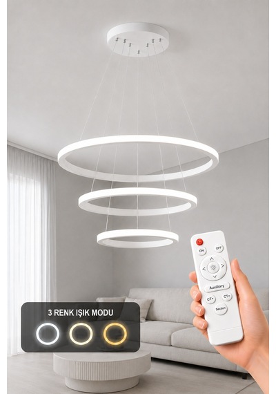 Rizon 3 Lü Led Sarkıt Avize 3 Renk Kumandalı Beyaz