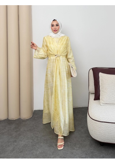 Mihran Butik Silk Model Kemerli Bilek Büzgü Desen Detaylı Kadın Elbise Sarı