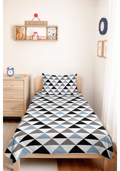 Mavi Geometrik Genç Odası Tek Kişilik Pike Takımı - Gri Modern 160x220 Cm Kapitone Yatak Örtüsü Mumlu Gölge Masalı