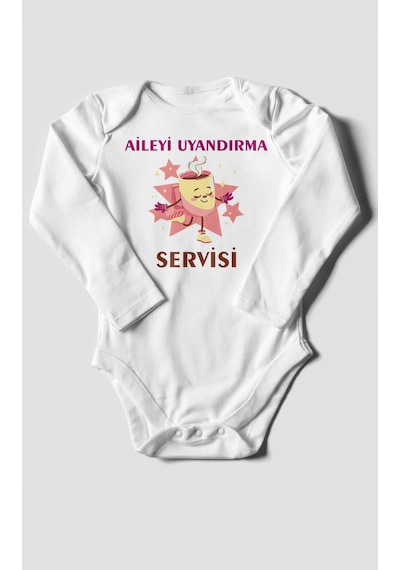 Aileyi Uyandırma Servisi Baskılı Bebek Zıbını Çıtçıtlı Body %100 Pamuk Uzun Kol Beyaz