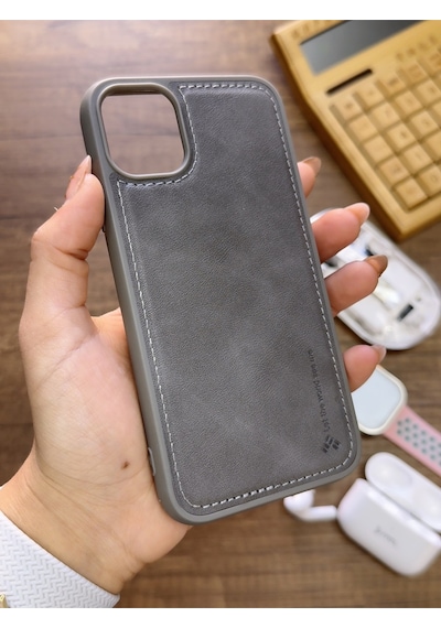 Apple iPhone 11 Pro Uyumlu Premium Deri Dokulu Darbelere Karşı Dayanıklı Nazal Silikon Kılıf Gri