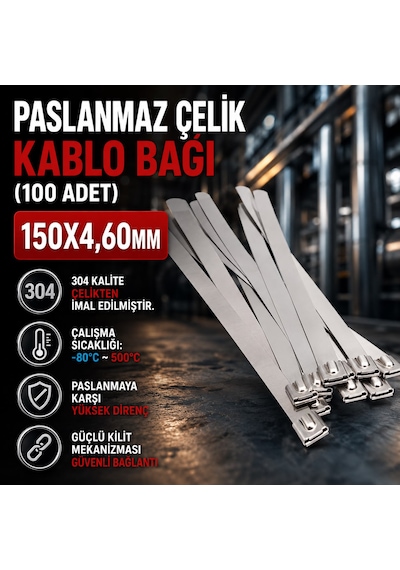 150x4.60mm Paslanmaz Çelik Kablo Bağı 100adet