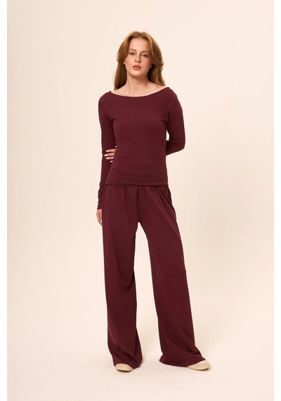 Zoor Ultra Soft Penye Modal Kayık Yaka Bluz Bordo