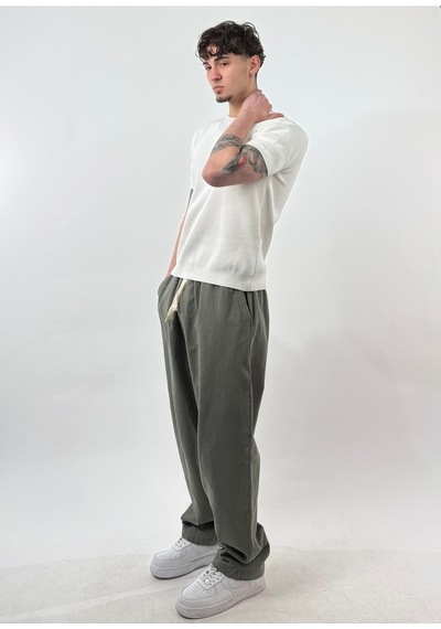 Zaee Keten Baggy Pantolon Haki Yeşil