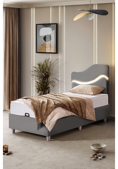 Baza Seti, Merry Ledli Tek Kişilik Baza Başlık Maxi Yatak Seti, Gri - 100x200 Cm 100 x 200