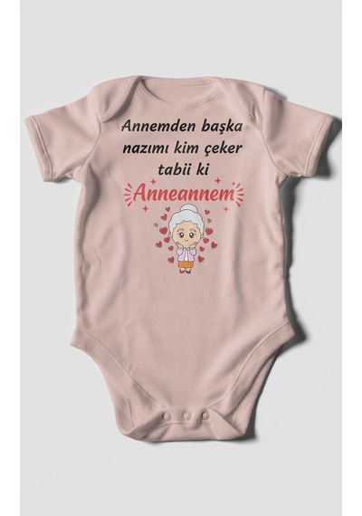 Annemden Başka Nazımı Kim Çeker Tabiki Annanem V2 Baskılı Bebek Zıbını Çıtçıtlı Body Kısa Kol Pastel Pembe
