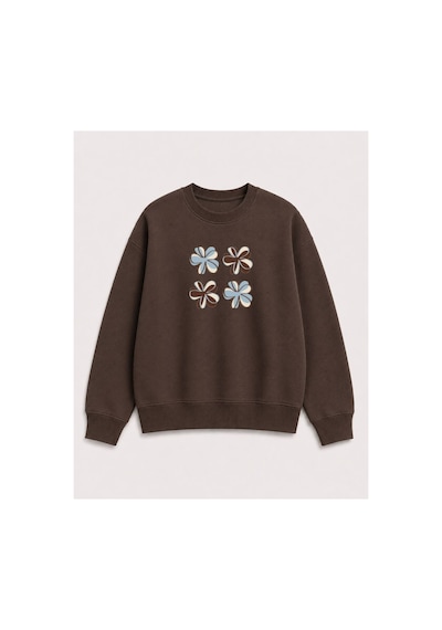 Herkesemoda Çiçek Baskılı 2 İplik Şardonlu Bisiklet Yaka Sweatshirt Kahverengi