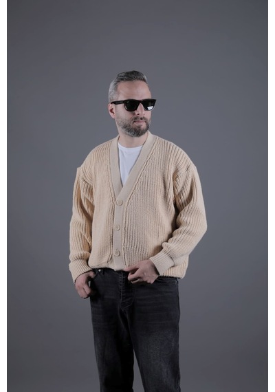 Dokulu Oversize Erkek Kalın Hırka Krem
