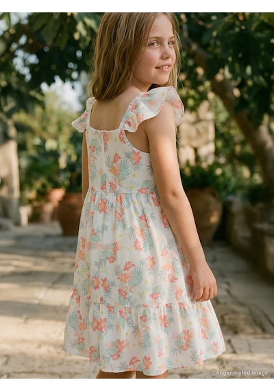 Civil Girls Çiçekli 6-9 Yaş Elbise - Yeşil Açık Mint Yeşili