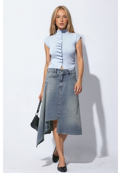 Hiccup Asimetrik Yıkama Efektli Midi Denim Etek Orta Mavi Denim