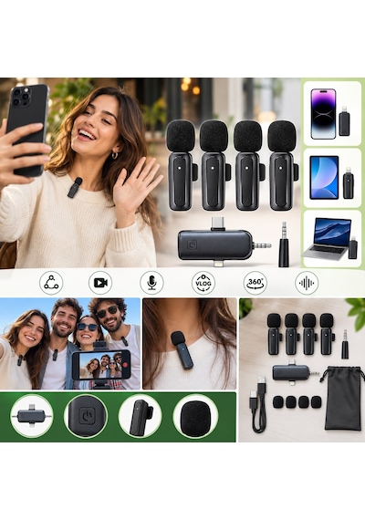 İphone 12 Pro Max Uyumlu 4 Lü Kablosuz Yaka Mikrofonu Seti 2.4g Type-c Lightning 3.5mm Uyumlu Vlog Canlı Yayın Röportaj Mikrofonu