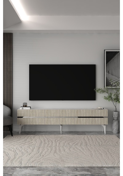 180dhdts5btg Tedy 3 Kapaklı Pleksi Lazer Desen Tv Sehpası Beyaz-traverten-gümüş