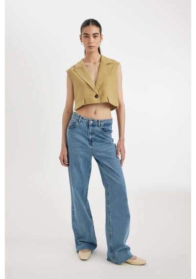 DeFacto Crop Ceket Yaka Basic Düz Blazer Yelek D1199AX24SMKH485 Haki