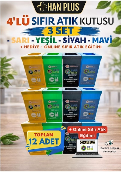 HAN PLUS Geri Dönüşüm Kutusu Seti 12 Adet (3 Takım) Sıfır Atık Kutusu + Online Sıfır Atık Eğitim