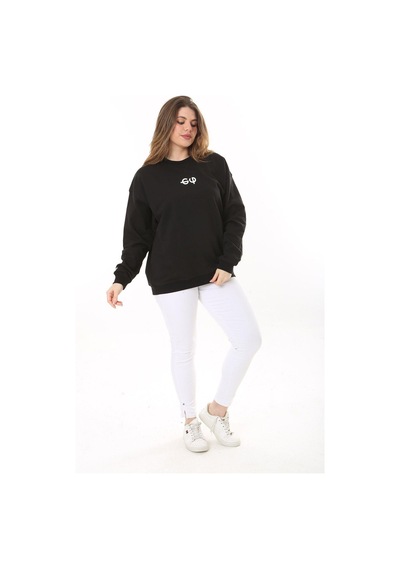 Şans Kadın Büyük Beden Siyah Pamuk Kumaş Arka Baskılı Sweatshirt 65n37618-siyah Siyah