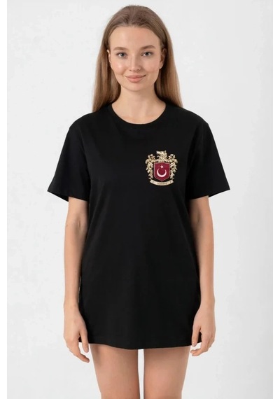 Defymoda Türk Arma Baskılı Oversize Bisiklet Yaka Günlük T-shirt - Siyah