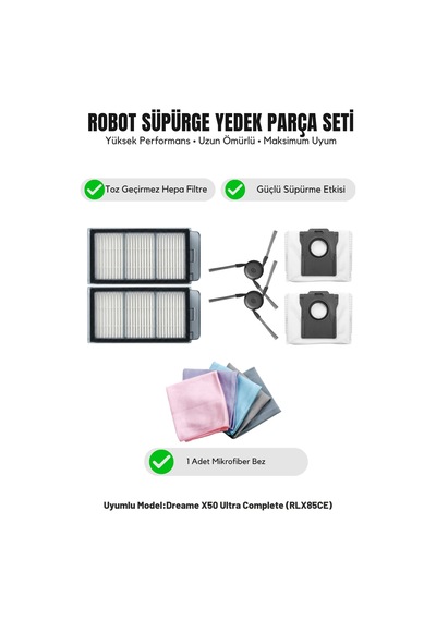 Dreame X50 Ultra Complete Rlx85ce İle Uyumlu 2 Yan Fırça 2 Filtre 2 Toz Torbası 1 Temizlik Bezi 13.0