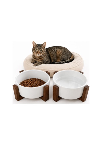 2 Li Ahşap Standlı Seramik Kedi Köpek Mama Ve Su Kabı Seti 14 Cm