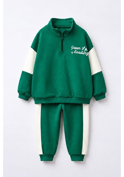 Monila Erkek Çocuk Pamuklu Yeşil Fermuarlı Dik Yaka Sweatshirt Ve Yeşil Alt Üst Takım