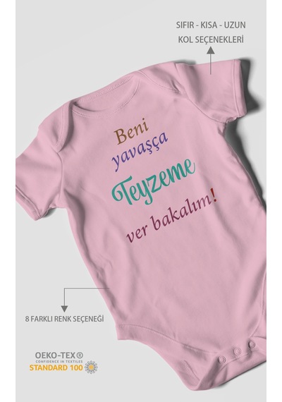 Beni Yavaşça Teyzeme Ver Bakalım Baskılı Bebek Zıbını Çıtçıtlı Body %100 Pamuk Kısa Kol Koyu Pembe