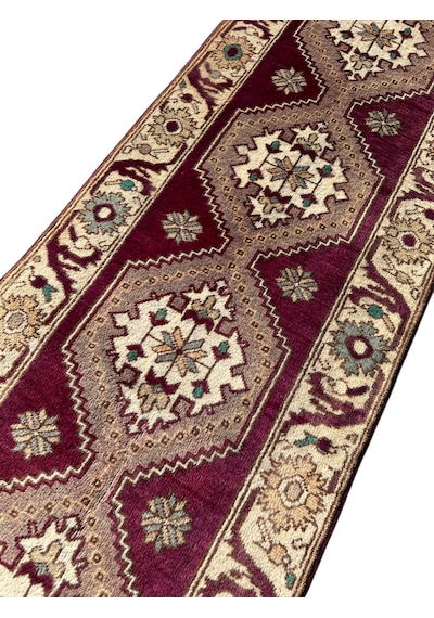 El Dokuma Sıfır Uşak Halısı 78x330 Yolluk Kök Boya Yün Mor Halı