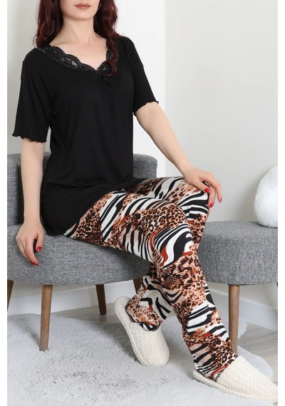 Modi Dantelli Pijama Takımı Siyah - 71502.1773. Açık Bej - Siyah