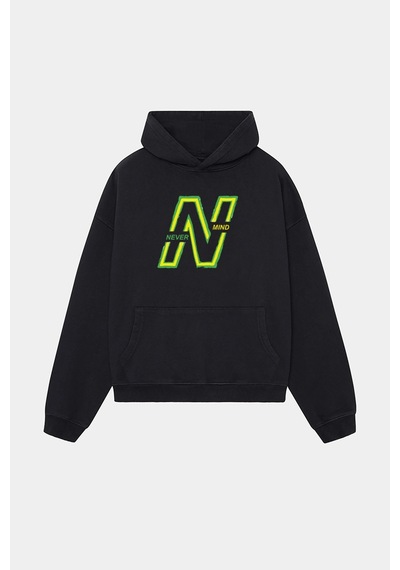 Unisex Kapüşonlu Sweatshirt - Neon Yeşil Baskılı Oversize Hoodie Siyah