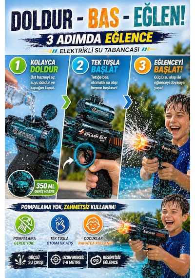 Elektrikli Su Tabancası Şarjlı Otomatik 350ml Işıklı Uzun Menzil Çocuk Oyuncak Su Silahı