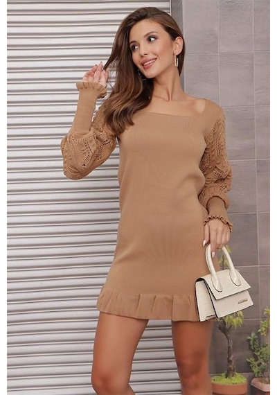 Aqe Fashion Kol Dantel Detaylı U Yaka Eteği Fırfırlı Camel Elbise Camel