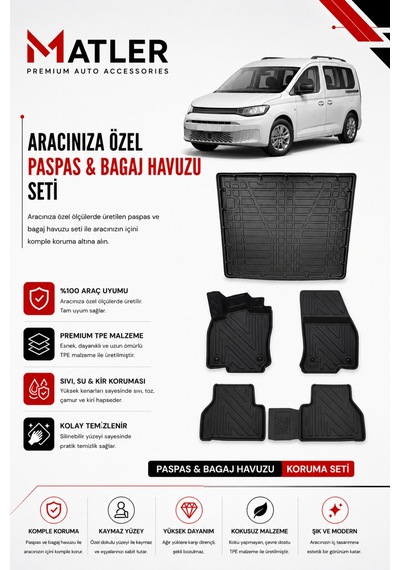 Volkswagen Caddy 2022 Model 4d Ekstra Havuzlu Paspas Ve Bagaj Havuzu Set