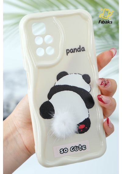 Fibaks Redmi 10 2022 Uyumlu Kılıf Tasarımlı Desenli Kamera Korumalı Panda Beyaz Püsküllü Silikon Kapak