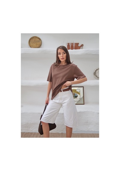 Paw Garage Kadın Mia İnterlok Kumaş Bisiklet Yaka Oversize T-shirt Kahverengi