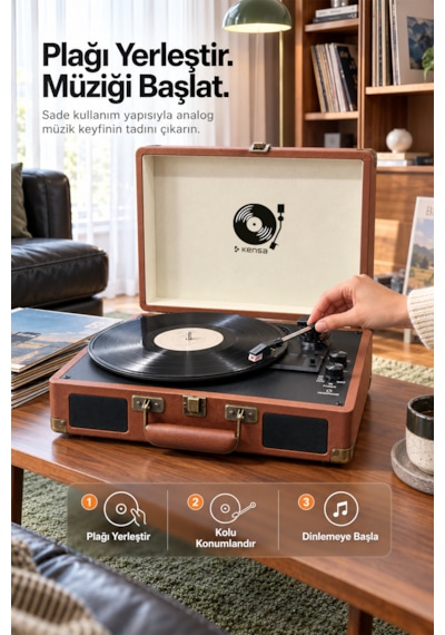 Kensa Bluetooth Lu Nostaljik Çantalı Pikap 33/45/78 Devir Dahili Bataryalı Plak Çalar Ahşap Kahverengi