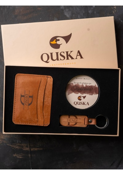 Quska Kişiye Özel İsimli El Yapımı Hakiki Deri Taba Kartlık+anahtarlık Hediyelik Set- Grain Minimal Taba