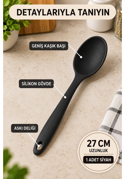 Tekli Siyah Büyük Boy Silikon Kaşık 27 Cm Mutfak Yemek Pişirme Ve Servis Kaşığı Renkli Mutfak Gereci