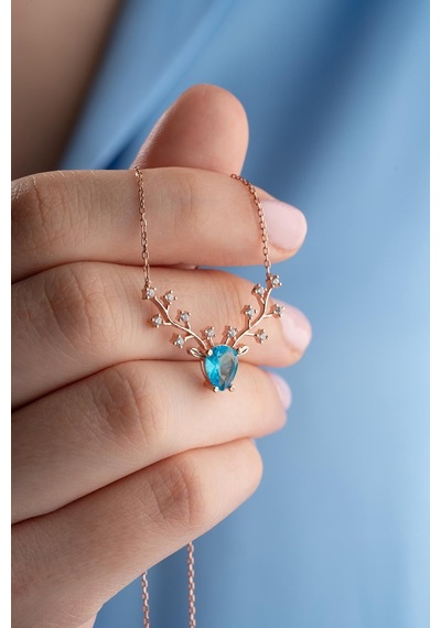 925 Ayar Gümüş Rose Kaplama Aquamarin Taşlı Ren Geyiği Model Kolye Rose Gold