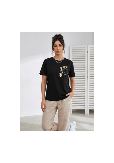 Kadın Sevimli Kedi Cep Baskılı Tişört Kısa Kol Yazlık T-shirt - Siyah