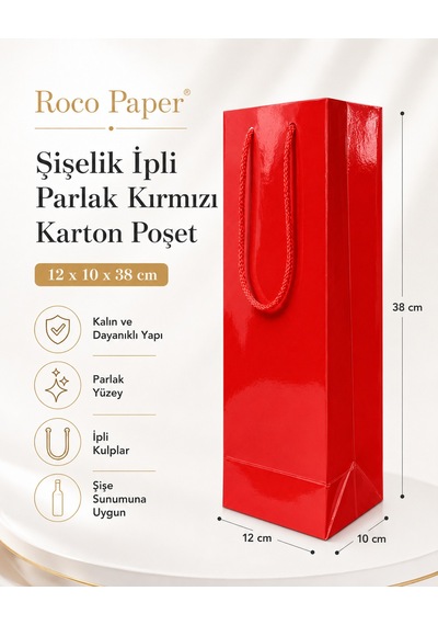 Şişelik İpli Kırmızı Karton Poşet, 1 Adet-12x10x38 Cm, Kalın Yapı