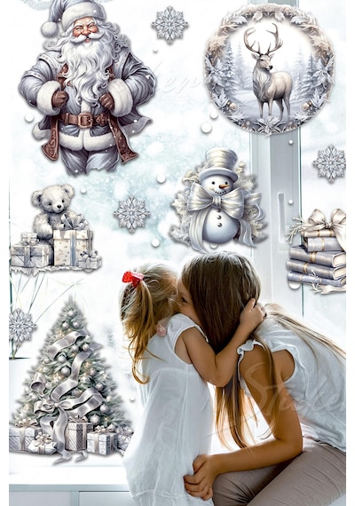 Silver Yılbaşı Seti, Yeni Yıl Yılbaşı Kış Konseptli Yılbaşı Süsü Sticker Seti Noel Baba Ağaçlar Dijital Baskı