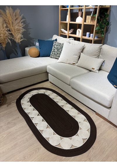 Mavaux Cookie Jüt Hasırlı El Örgüsü Kilim Kahverengi - Krem
