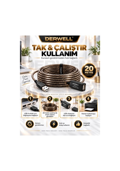 Yeni 2026 20 Metre Usb 2.0 Aktif Uzatma Kablosu Dahili Güçlendirilmiş Sinyal Çipli Kopma Donma Yapmaz Tak Çalıştır Erkek Dişi Yüksek Hızlı Kararlı Veri Aktarım Kablosu Gold Seri Premium