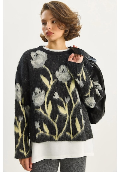 Shade Kadın Bisiklet Yaka Çiçek Desenli Şardonlu Oversize Triko Kazak 4915 60283587 - Siyah