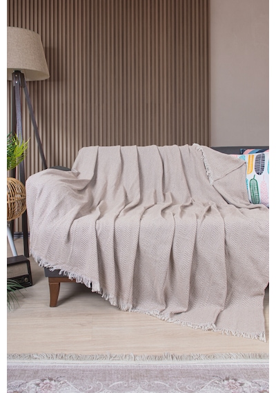 Pamuklu Zikzak Desenli Püsküllü Koltuk Örtüsü 170x210 Cm Dekoratif Ve Çok Amaçlı Bej
