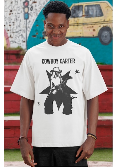 Sevbano Cowboy Carter Beyonce Şarkıcı Ön Baskılı Unisex Oversize Tişört Beyaz