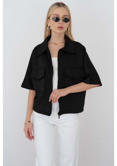 Kadın Scuba Kumaş Fermuarlı Ceket Yapılandırılmış & Günlük Stil Siyah