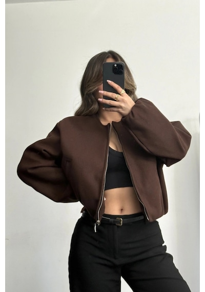 Meecy Kadın Viral Kaşe Kumaş Bomber Ceket Kahverengi Kahverengi