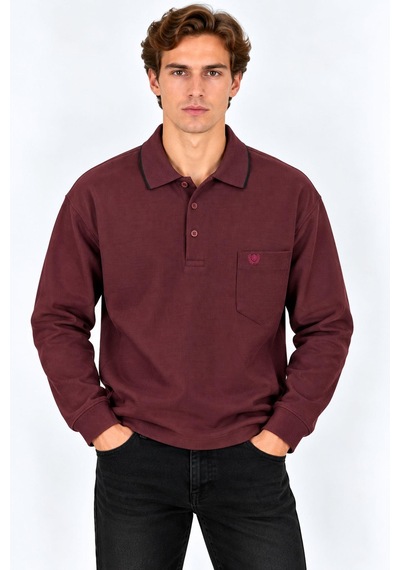 Classics Men Simenti Büyük Beden Erkek Polo Yaka Sweatshirt - 7809 Bordo