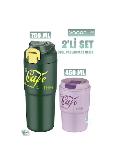 Vagonlife 2'li Çelik Termos-kahve Bardağı Seti 750ml Çift Kullanım Termos//450ml Mug Kahve Bardağı Yeşil - Mor